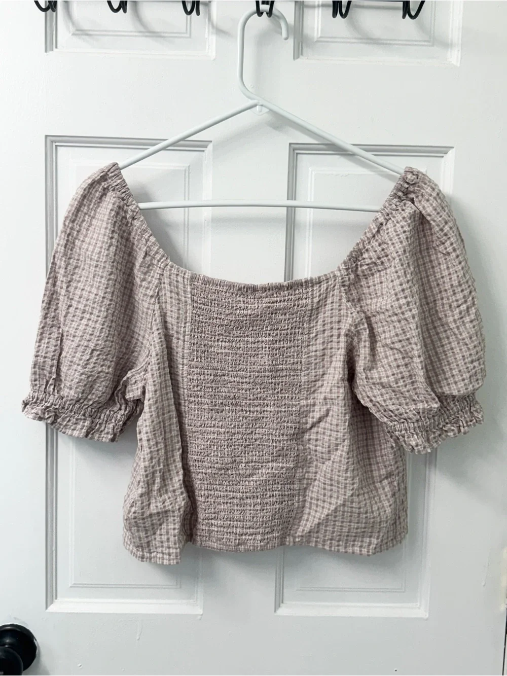 Madewell Seersucker Hopewell Puff Sleeve Crop Top Plaid Purple L